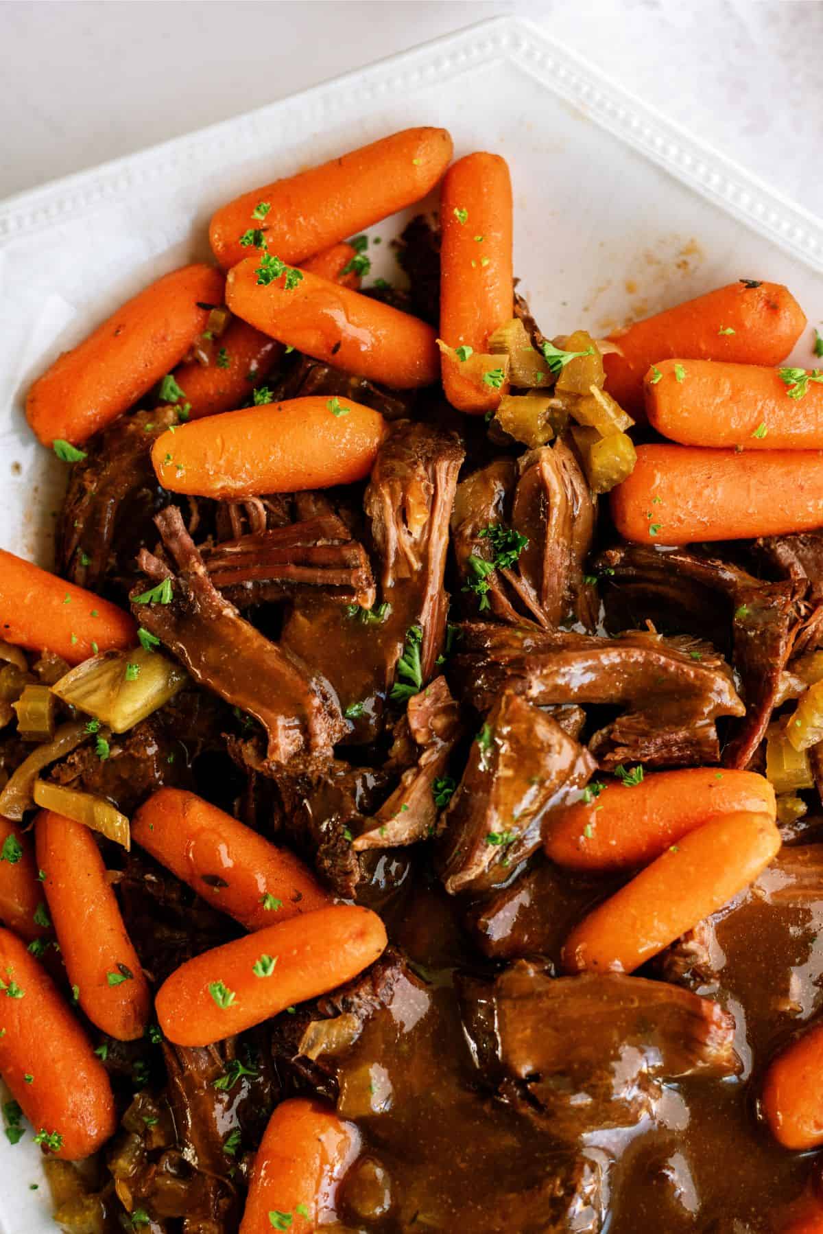 Slow Cooker Balsamic Pot Roast on serving platter