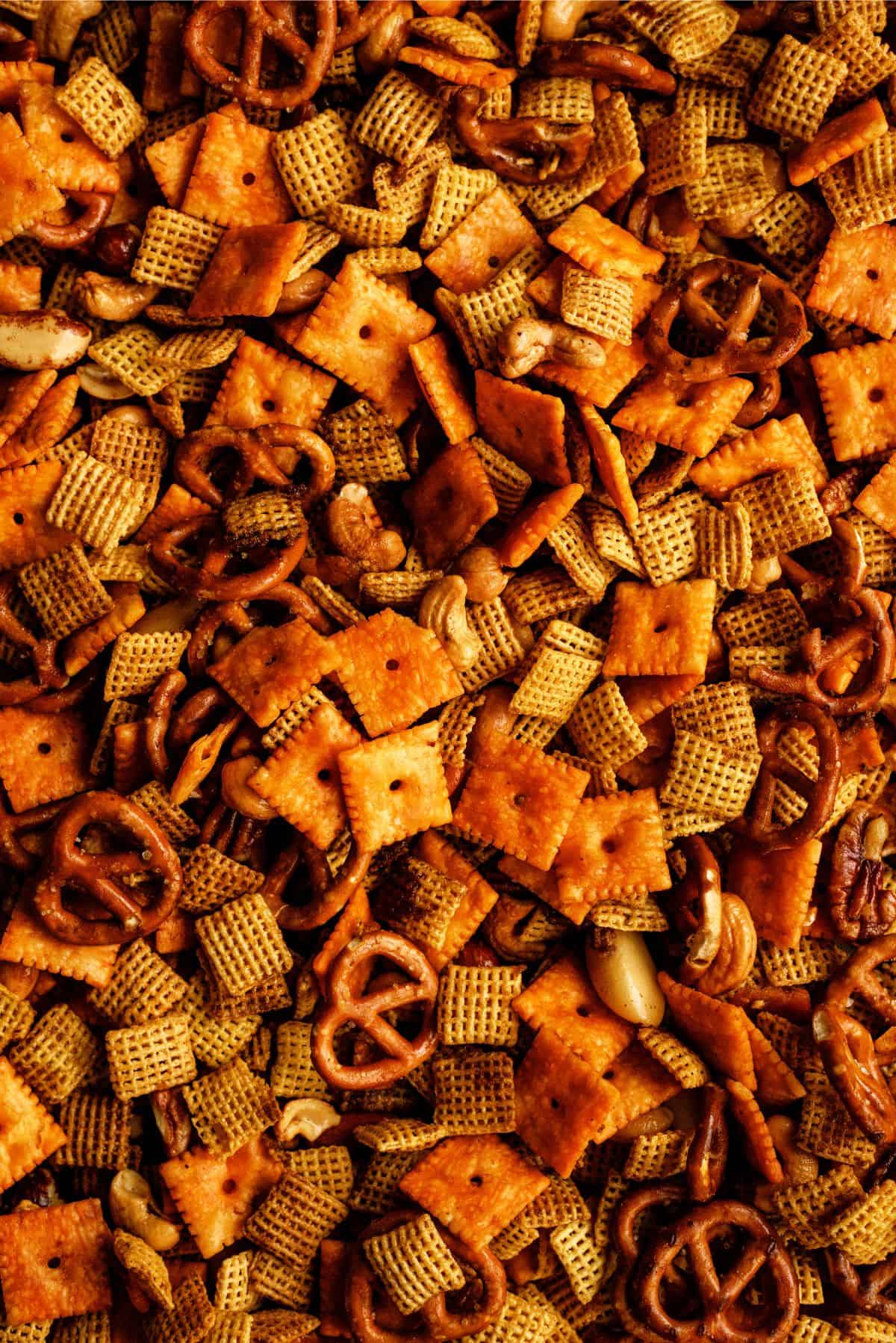 Close up of Slow Cooker Savory Chex Mix on a sheet pan