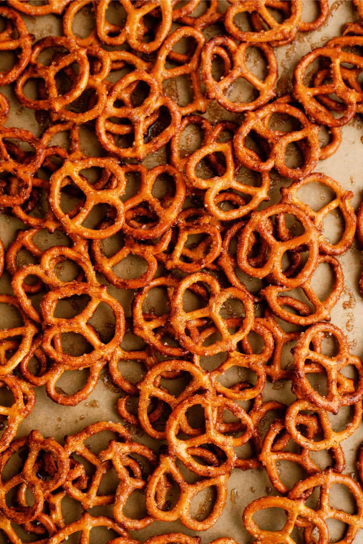 Cinnamon Sugar Pretzels on a baking sheet