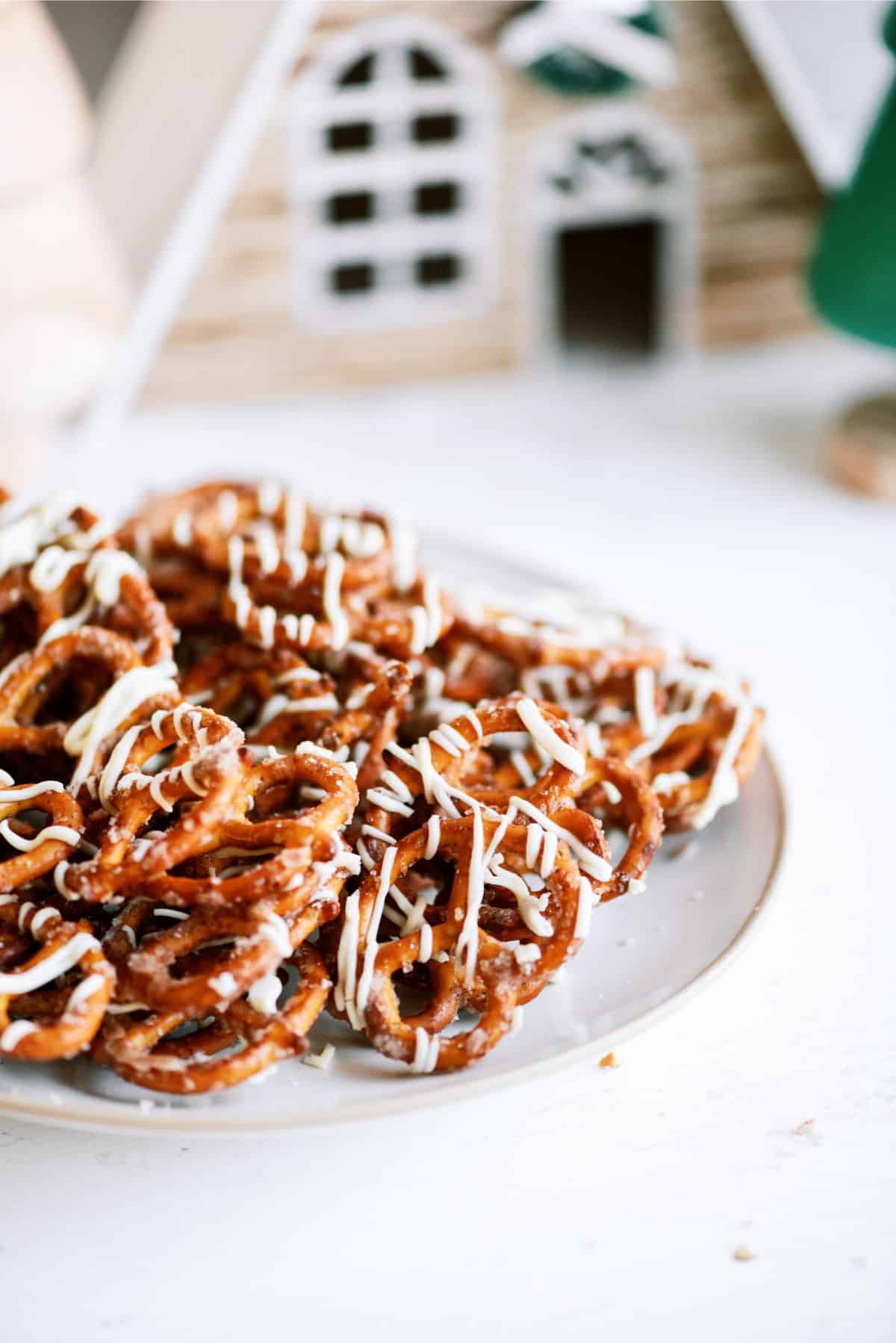 Plate of White Chocolate Cinnamon Sugar Pretzels