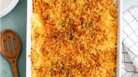 Funeral Potatoes {Cheesy Potato Casserole} in a casserole dish.