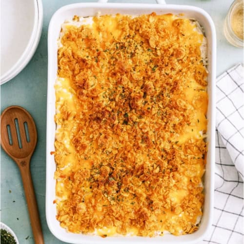 Funeral Potatoes {Cheesy Potato Casserole} in a casserole dish.