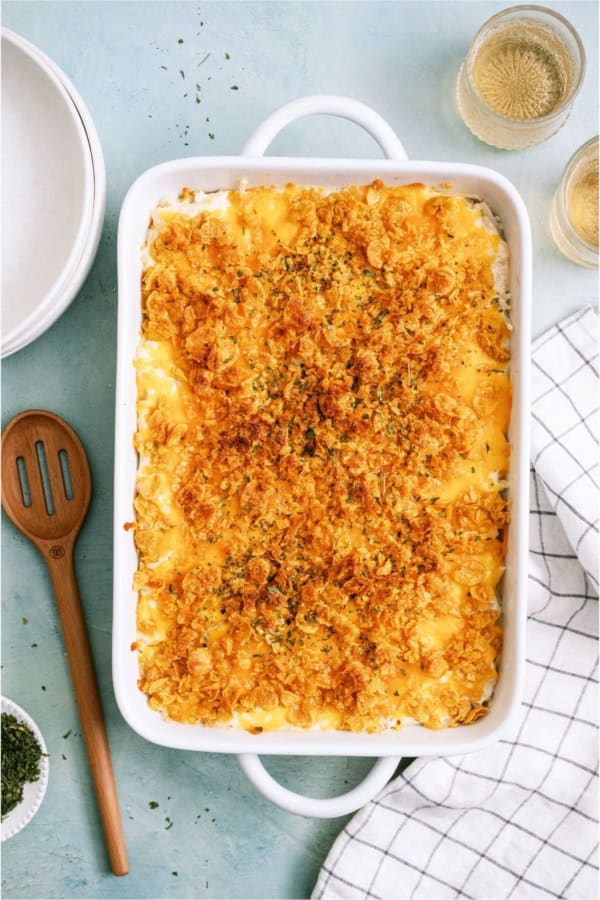 Funeral Potatoes {Cheesy Potato Casserole} in a casserole dish.
