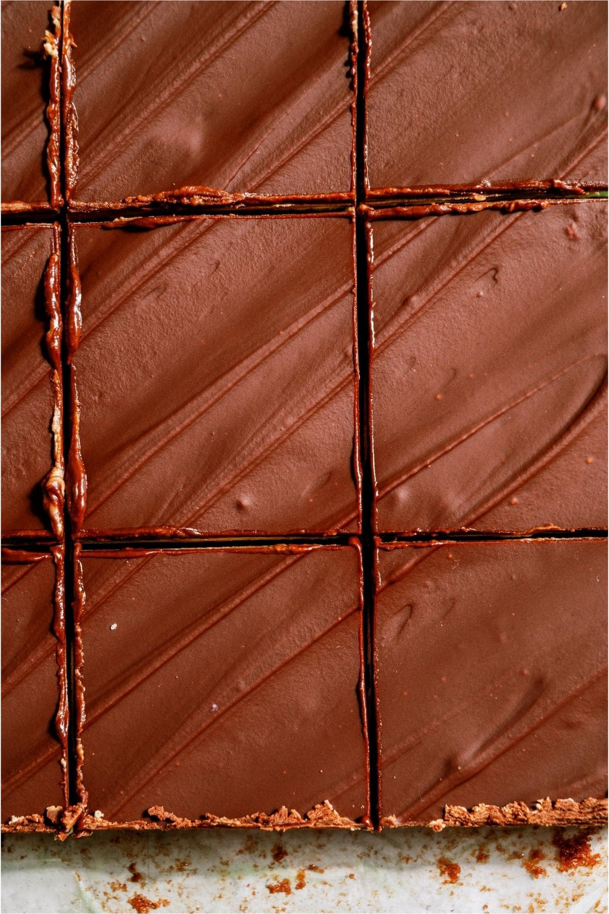 Chocolate Thin Mint Brownies cut into squares.