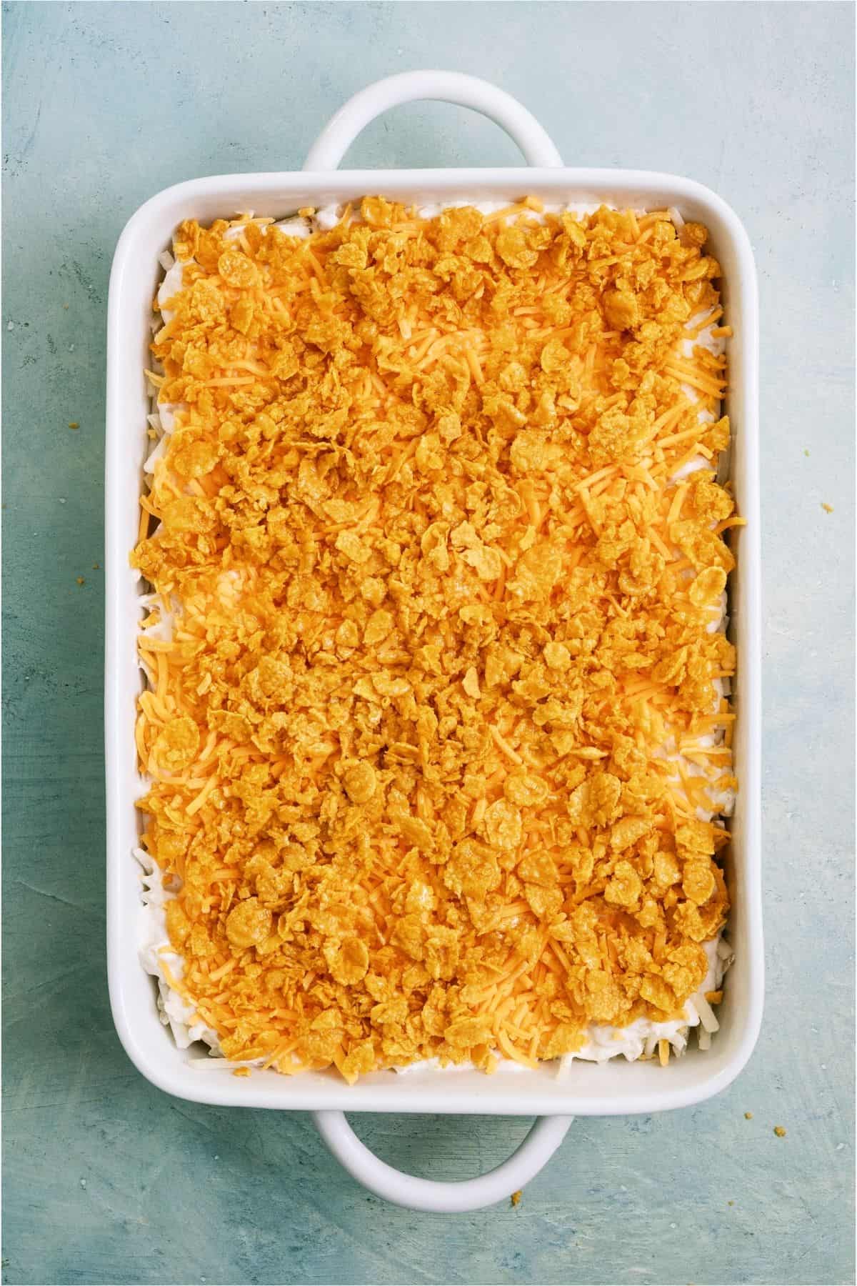 Crispy topping on top of Funeral Potatoes {Cheesy Potato Casserole}.