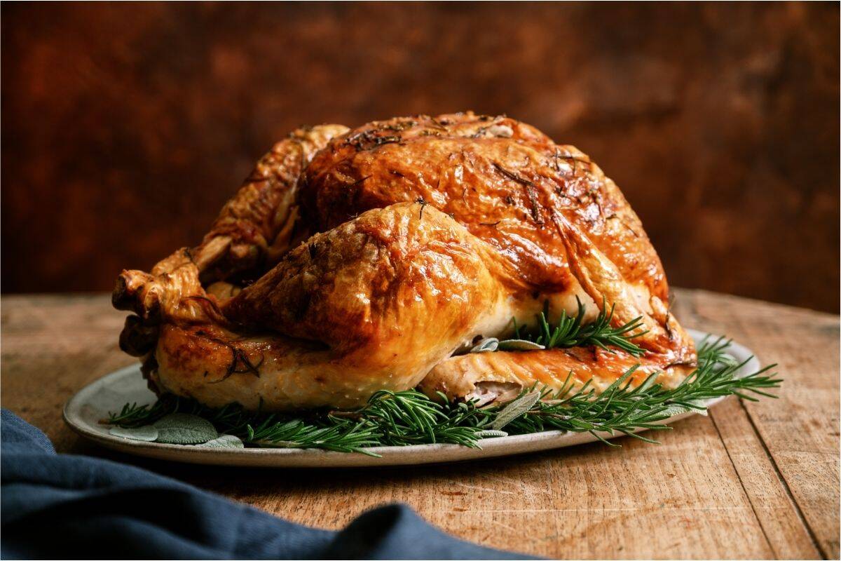 Side view of an oven roasted turkey on a serving platter.