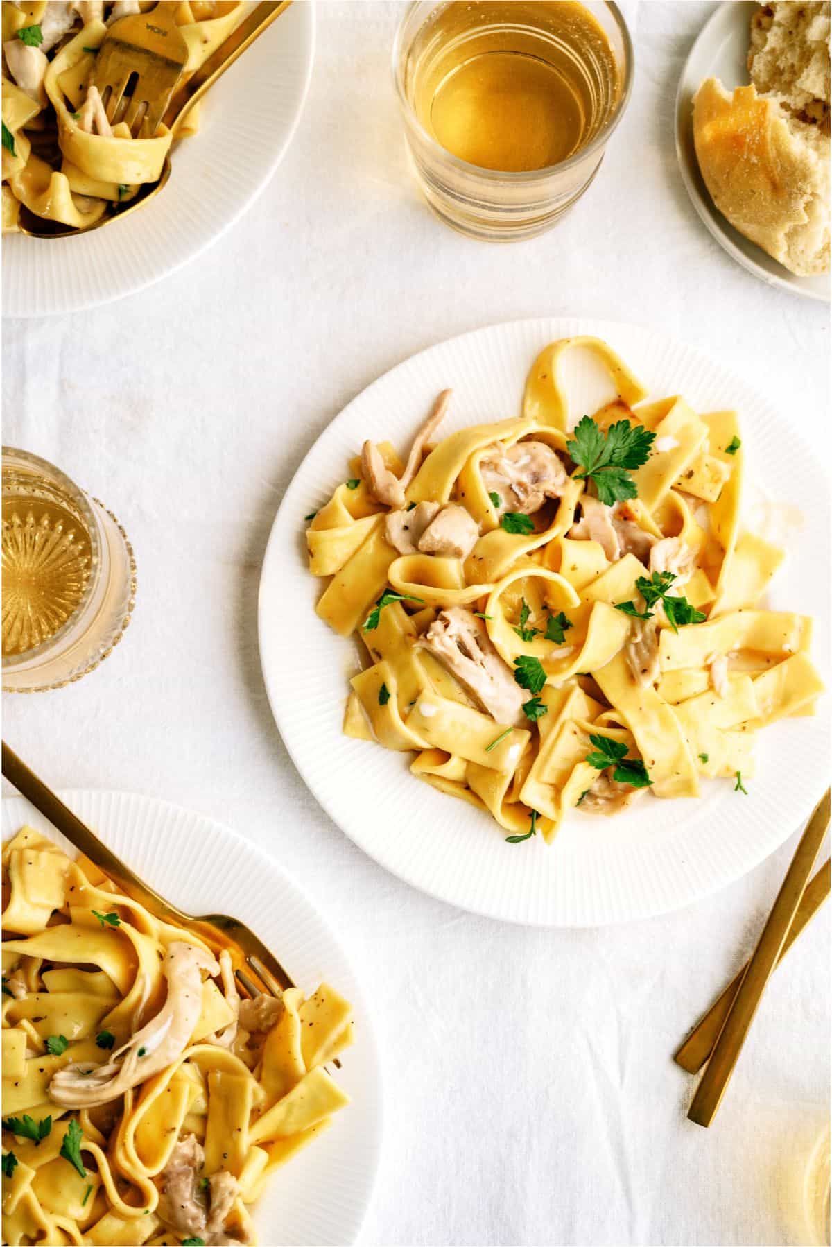 Top view of Instant Pot Chicken and Noodles on a plate