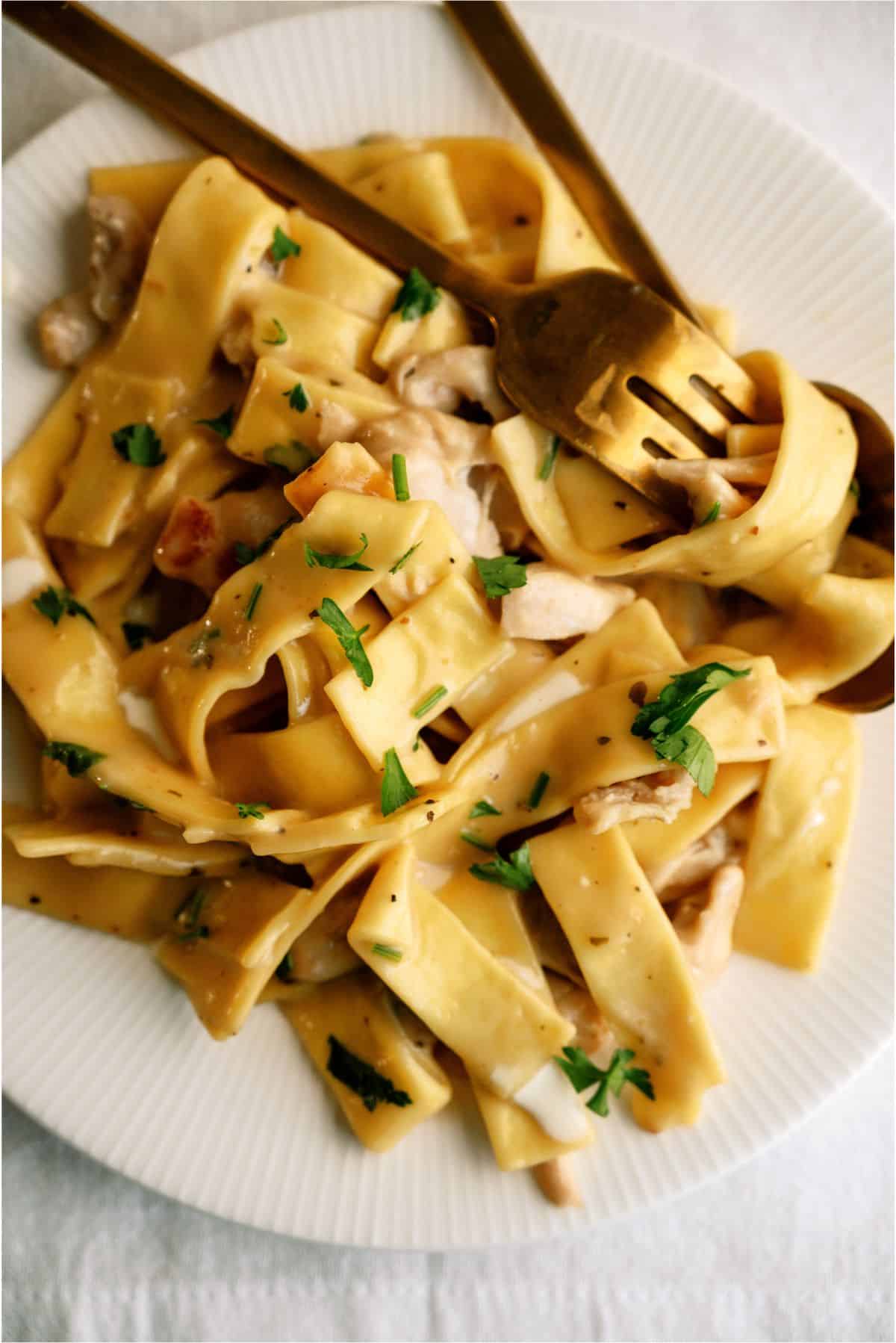 Close up view of Instant Pot Chicken and Noodles on a plate with a fork.