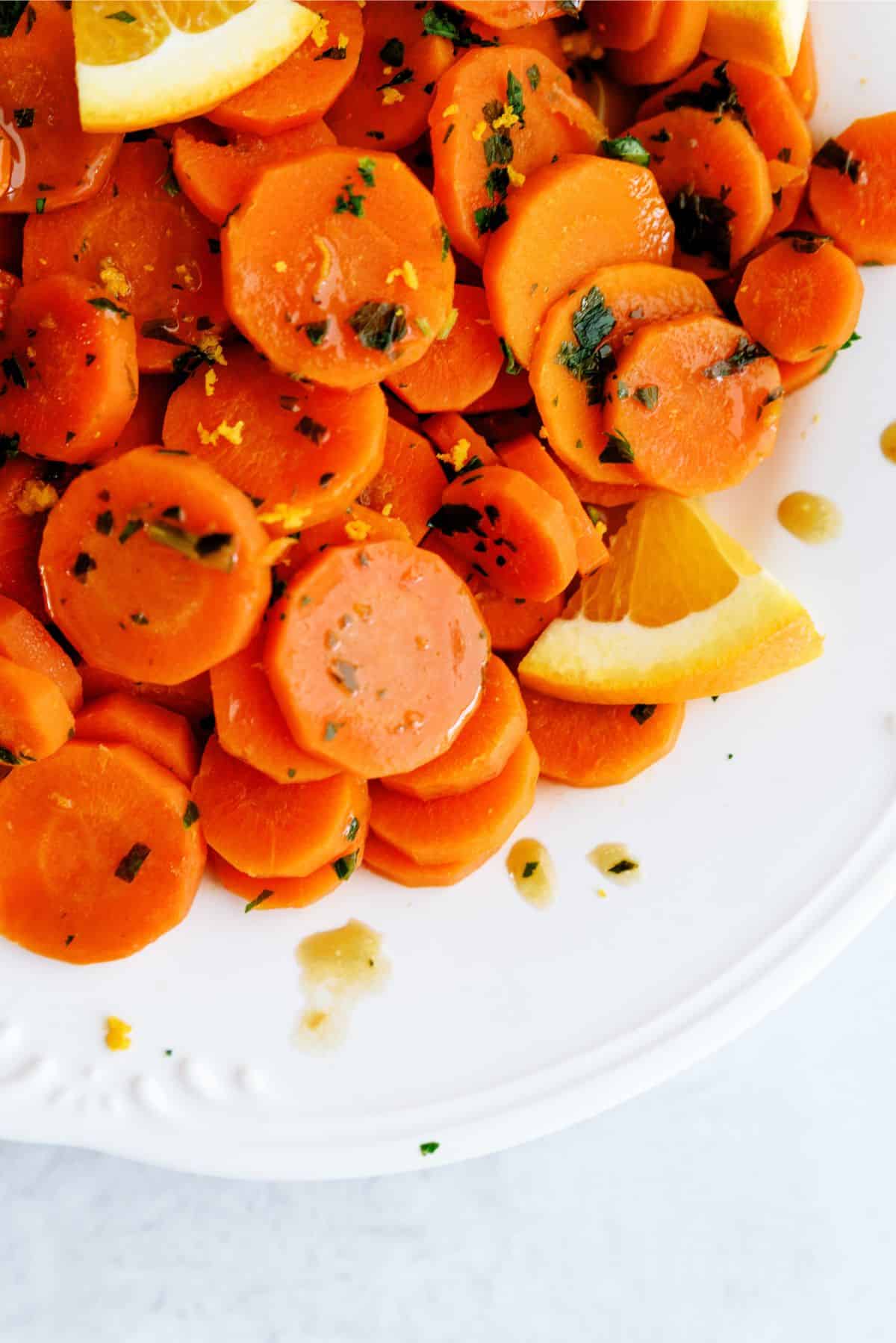 Top view of Orange Glazed Carrots on a serving plate