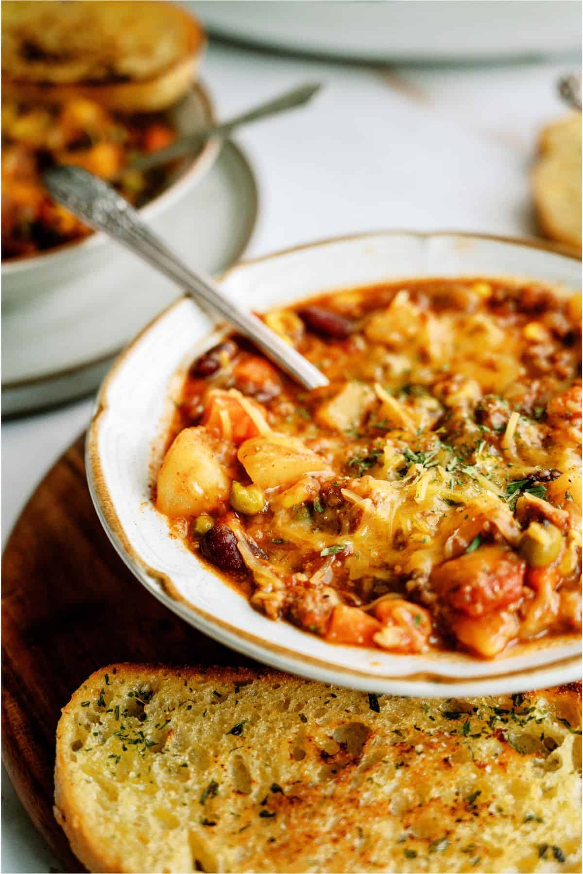 Close up of a bowl of Shepherd's Pie Chili