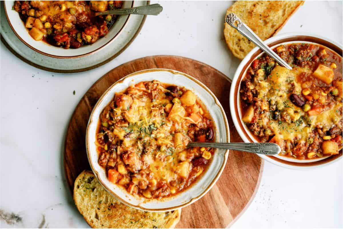 Top view of 3 bowls of Shepherd's Pie Chili