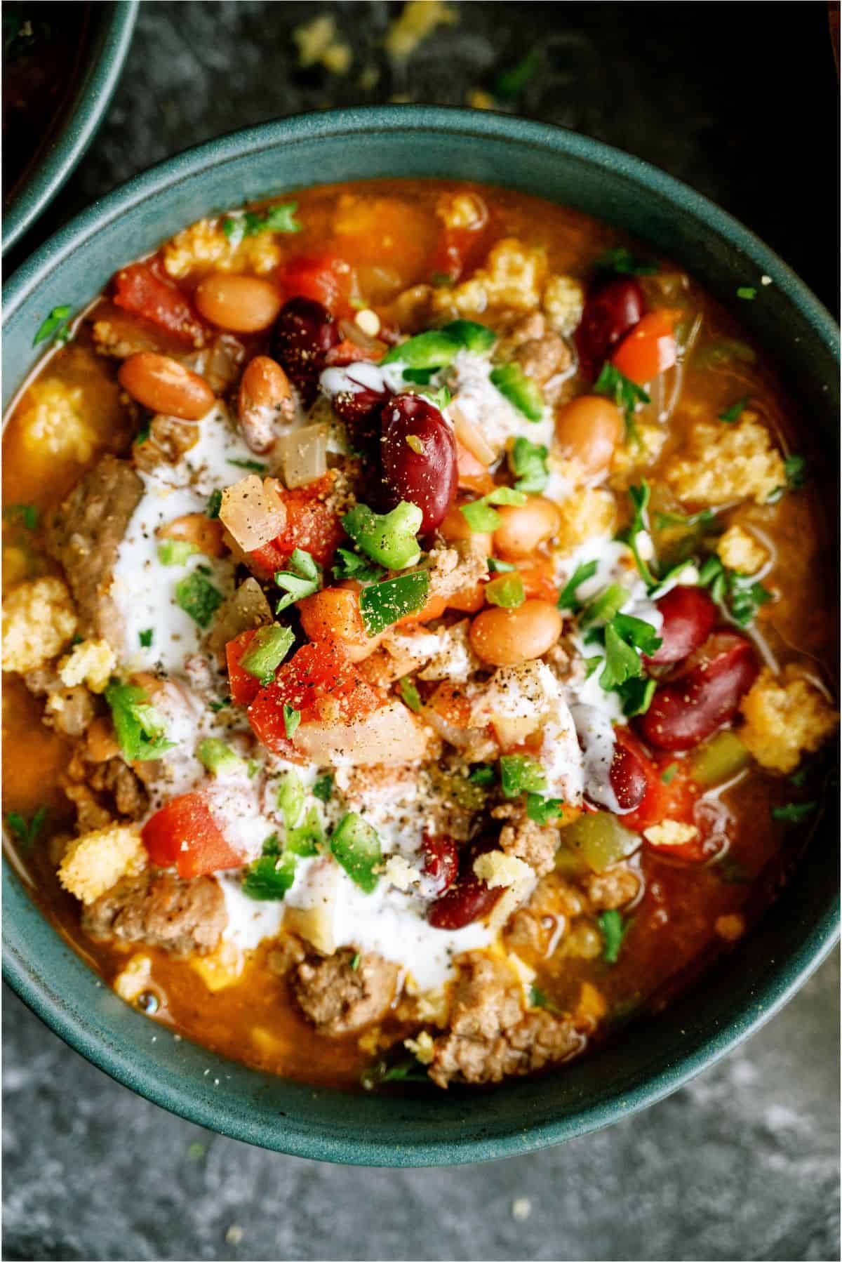 Close up of Instant Pot Ground Turkey Chili in a bowl