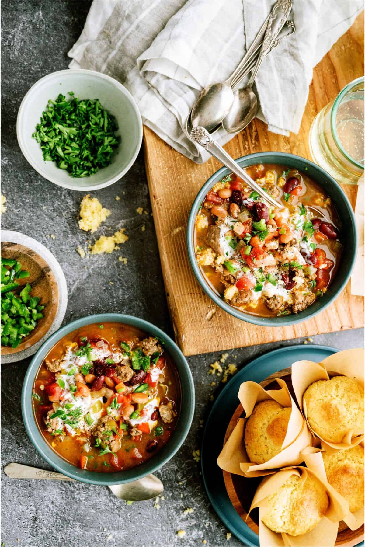 Top view of 2 bowls of Instant Pot Ground Turkey Chili