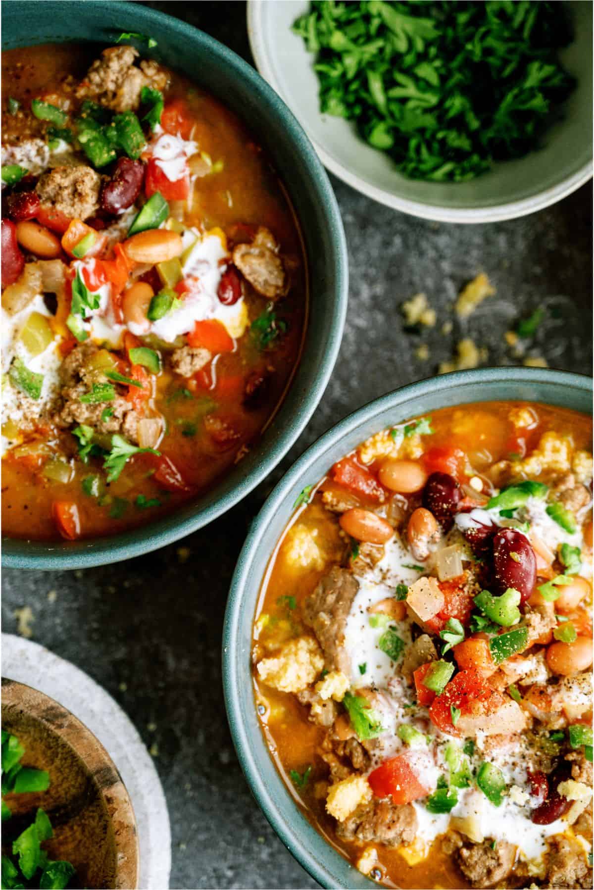 Top view close up of two bowls of Instant Pot Ground Turkey Chili