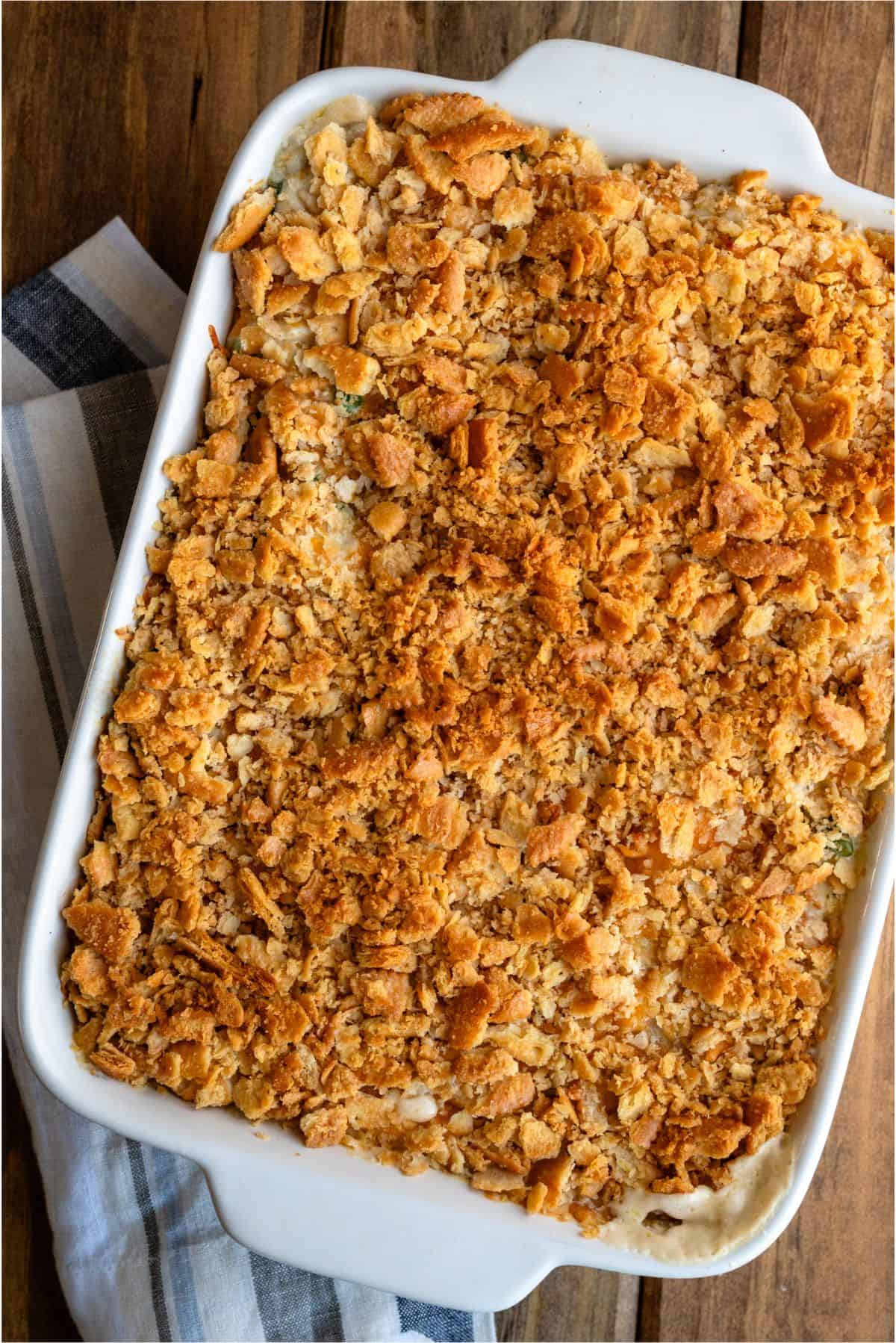 Fresh baked Million Dollar Chicken Casserole in casserole dish