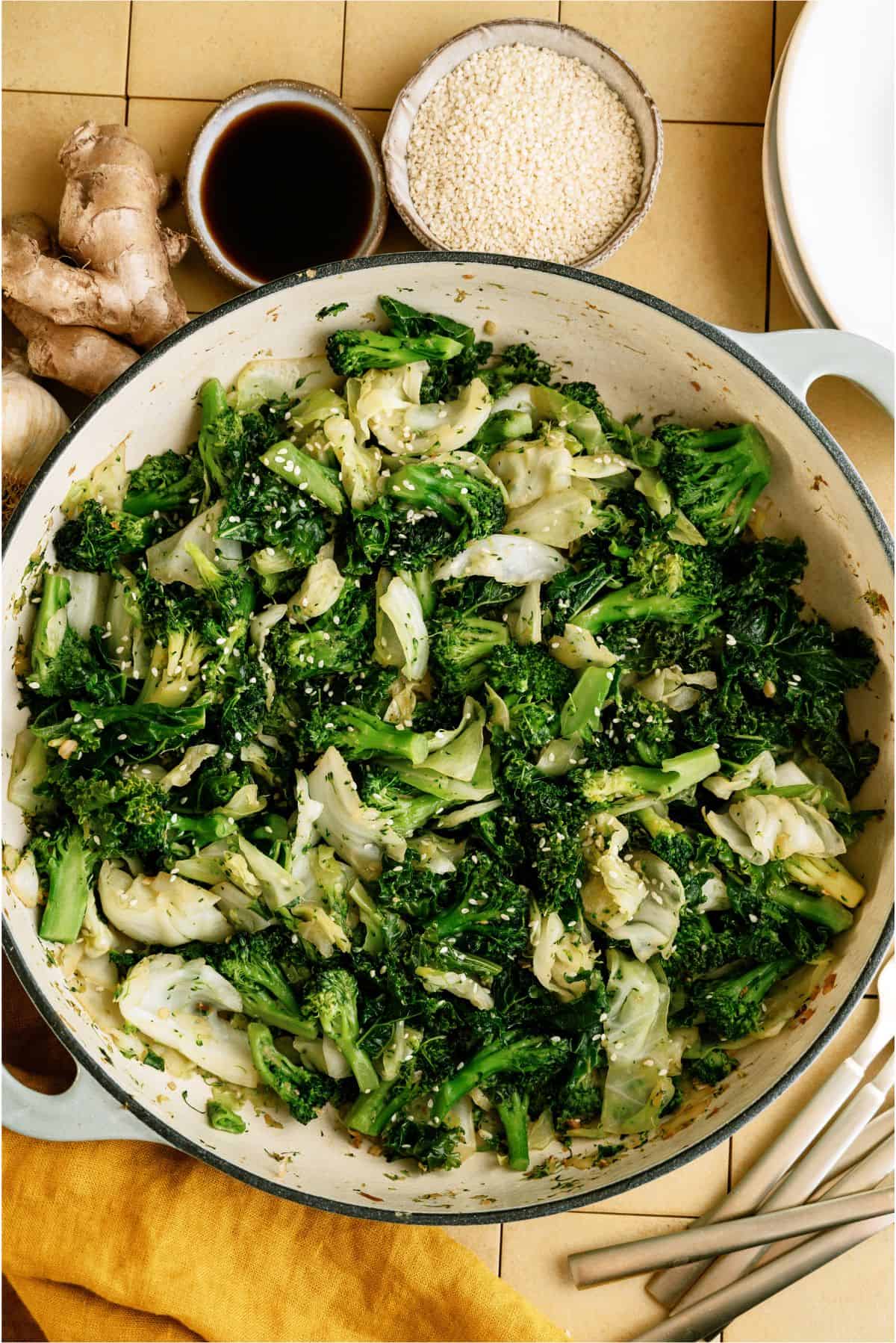 A skillet filled with Panda Express Super Greens