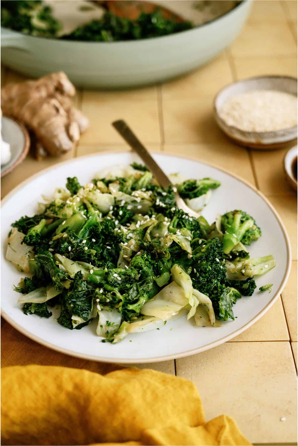 Panda Express Super Greens on a plate with a fork