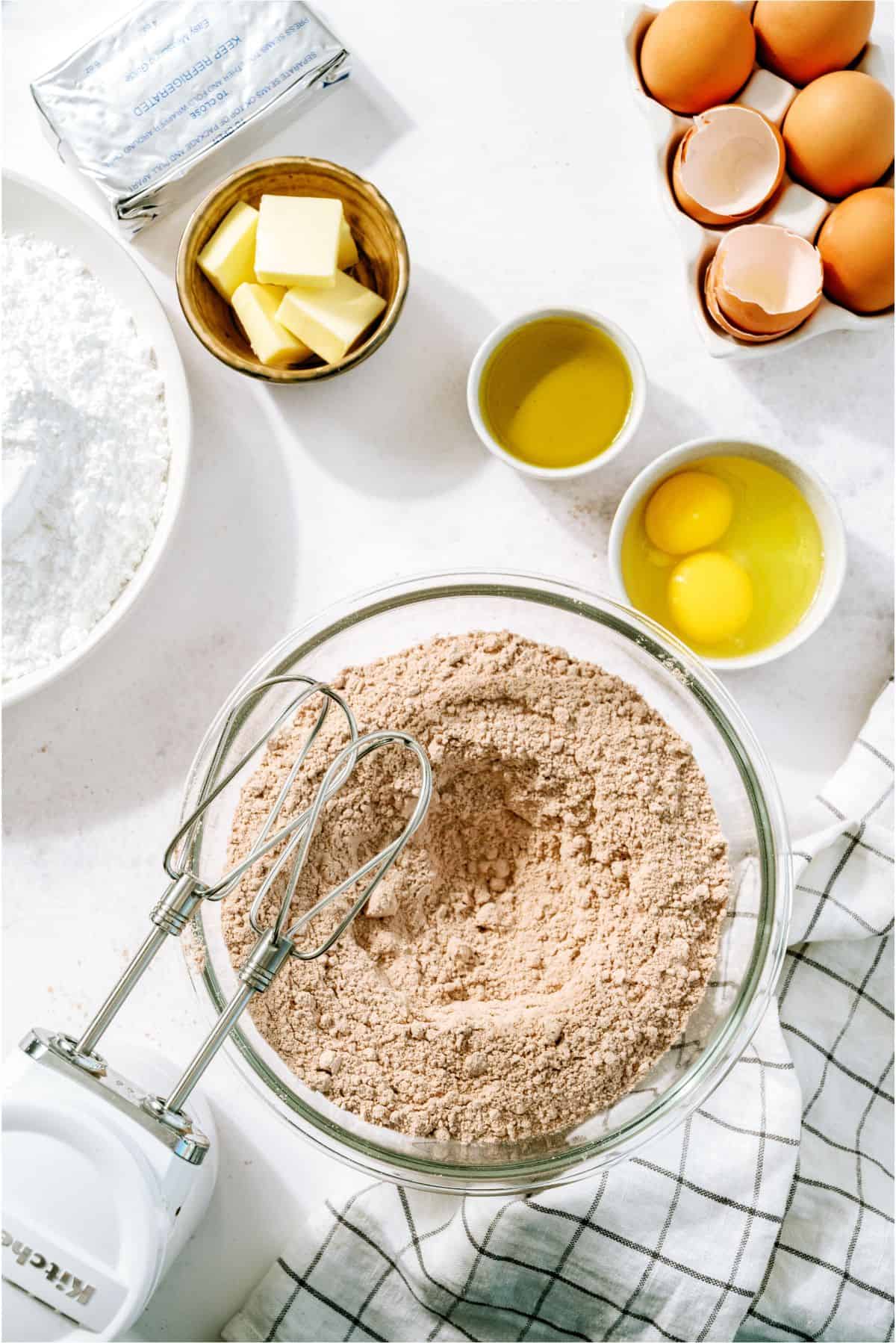 Ingredients needed to make Red Velvet Whoopie Pie Sandwich Cookies.