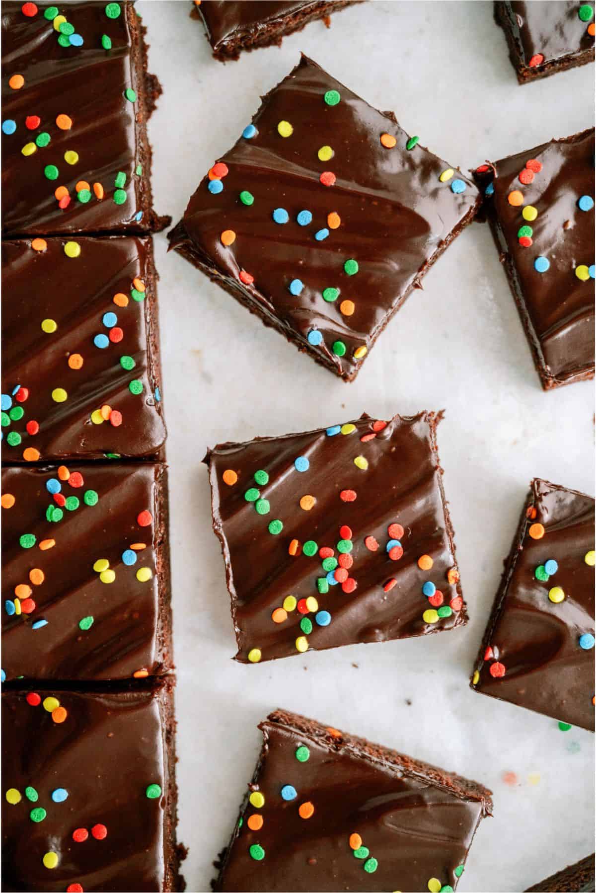 Top view of Copycat Cosmic Brownies cut into squares