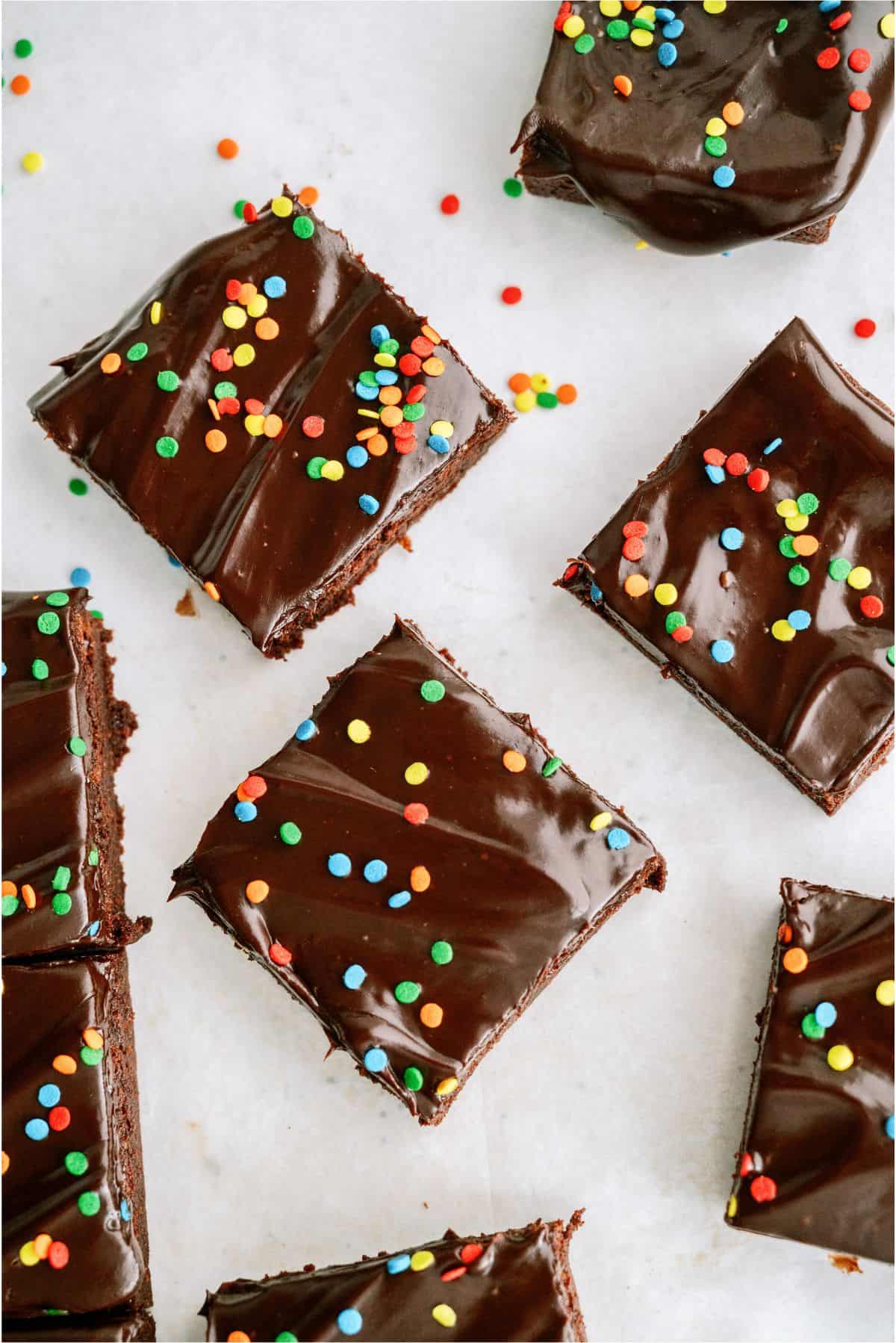 Top view of Copycat Cosmic Brownies cut into squares