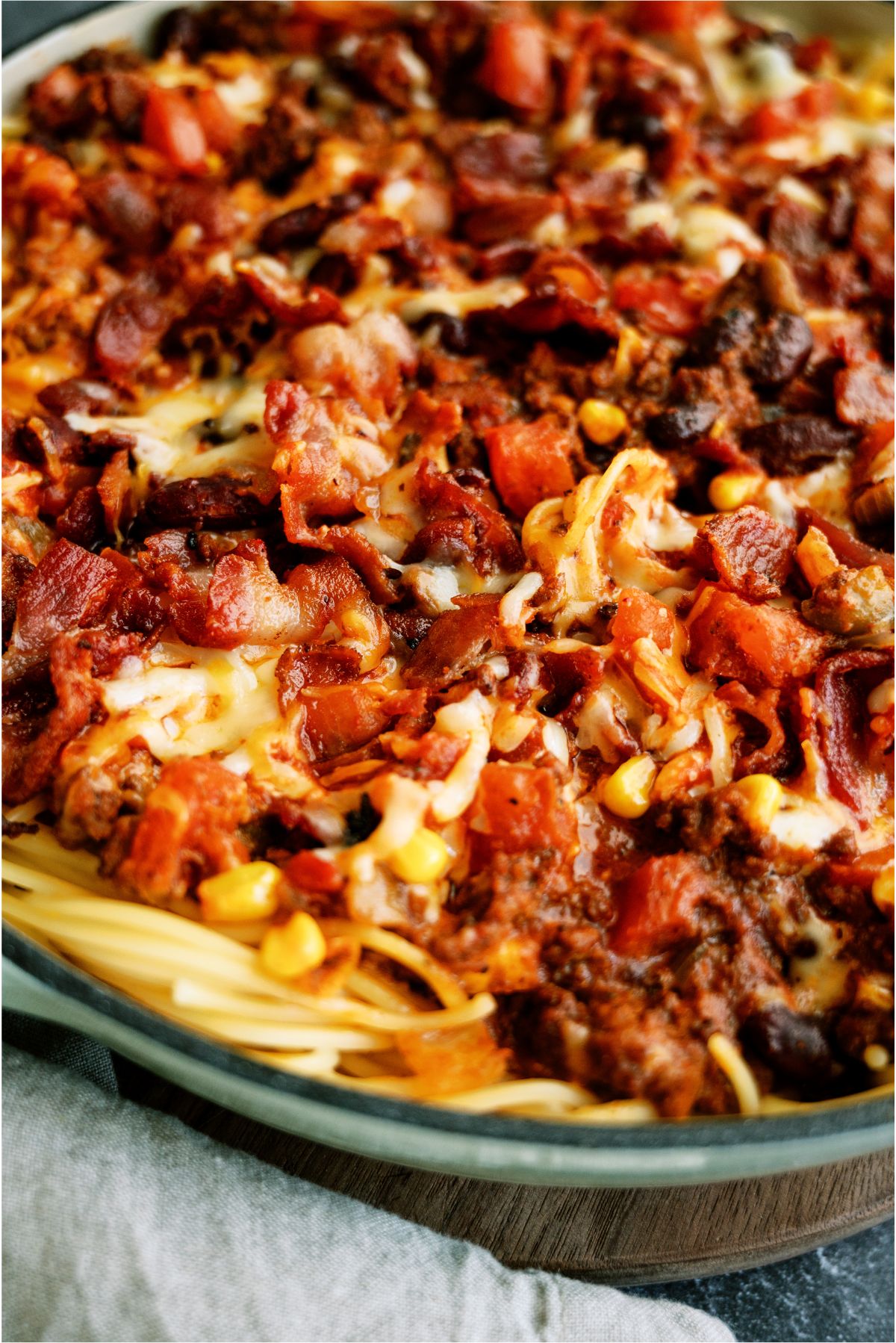 Close up of Skillet Cowboy Spaghetti in a skillet