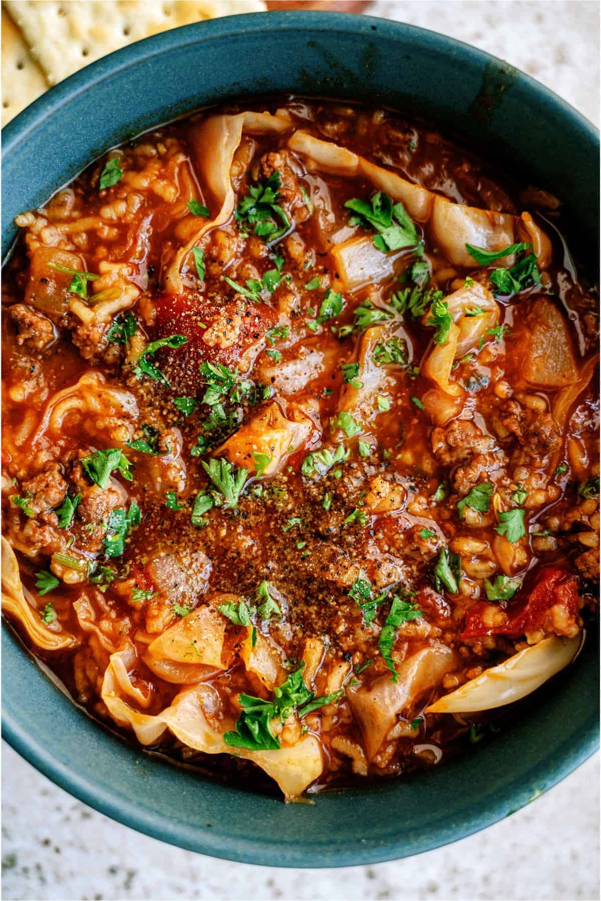 Top view of a bowl of Slow Cooker Cabbage Roll Soup