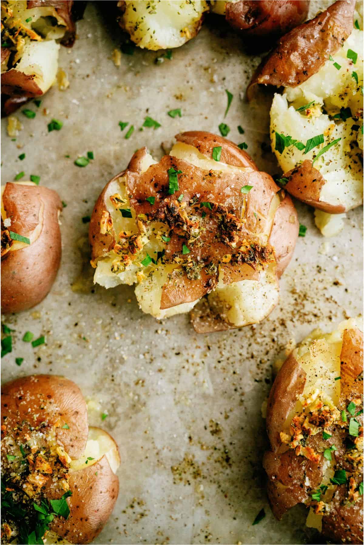 Smashed Italian Red Potatoes on baking sheet