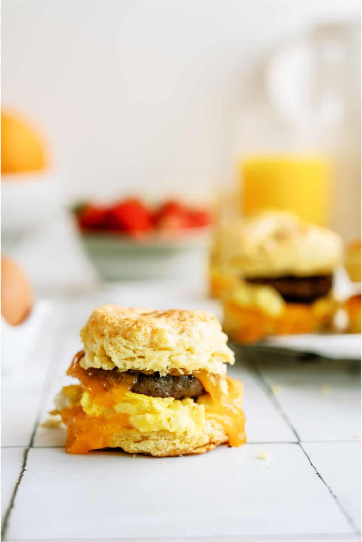 Close up of a Turkey Sausage Breakfast Slider on the counter