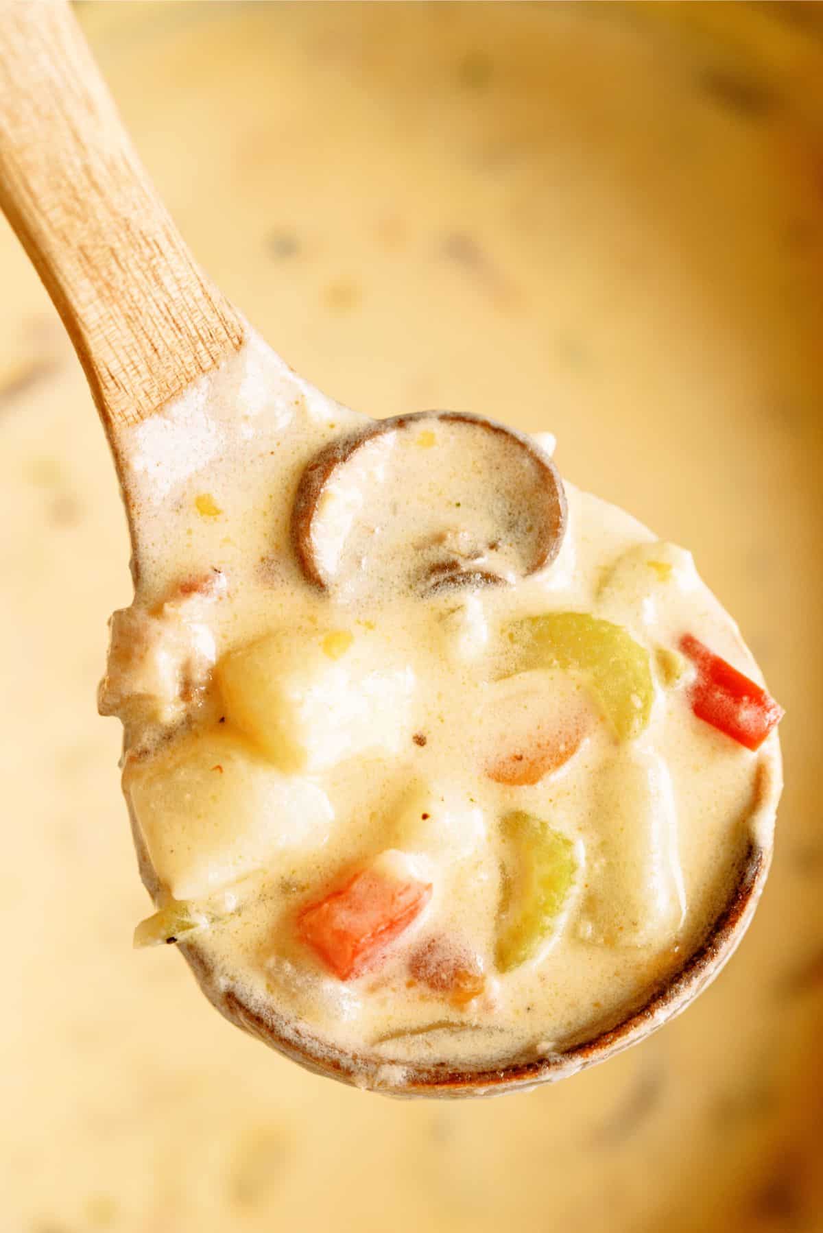 A ladle holding a scoop of Wisconsin Bacon And Potato Cheese Soup