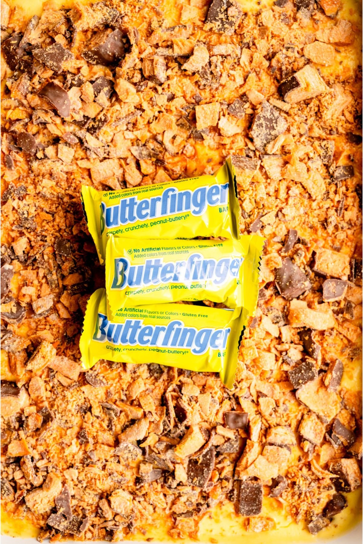 Top view of Butterfinger Ice Cream Bars with fun size butterfingers on top