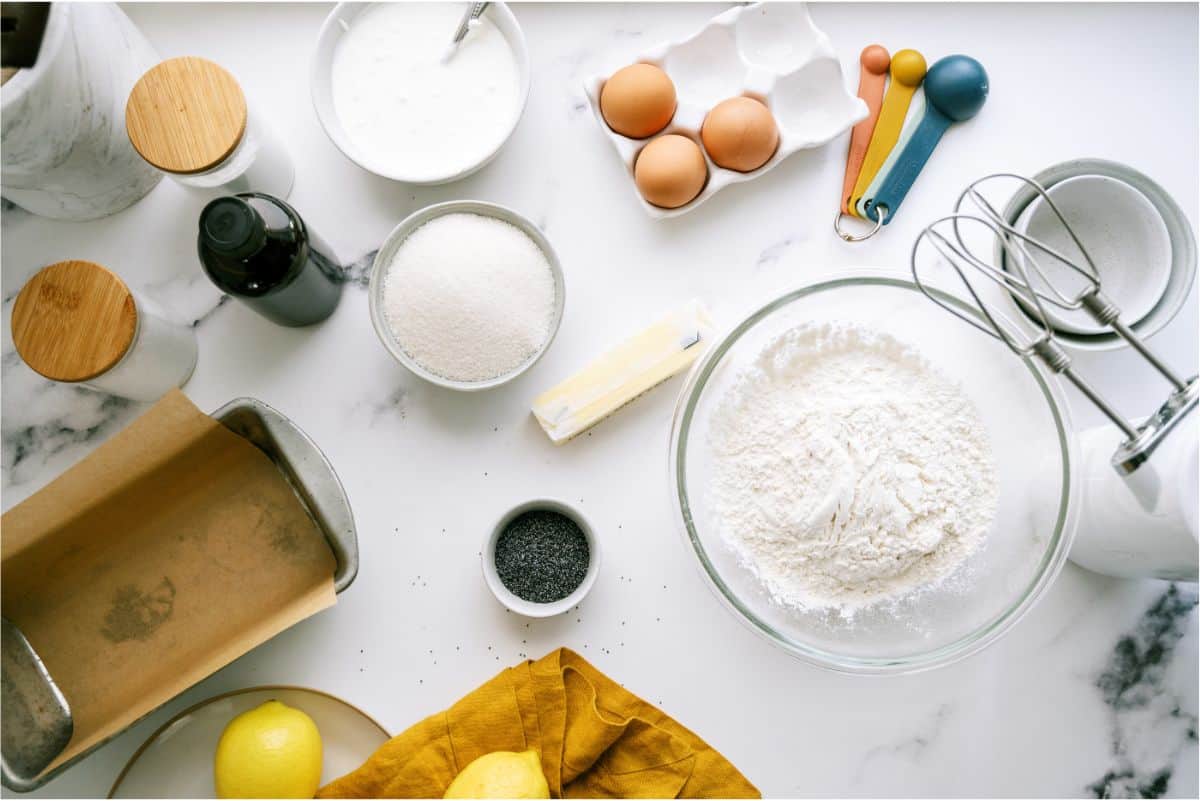 Ingredients needed to make Glazed Almond Poppy Seed Bread