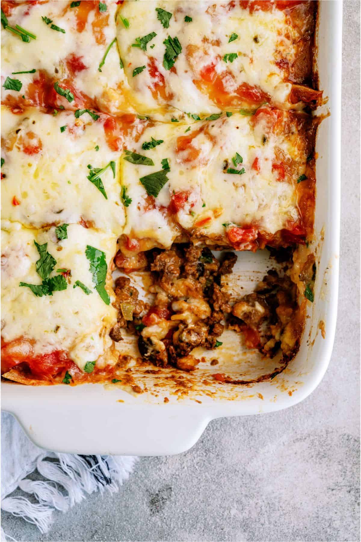 Ground Beef Firecracker Casserole with a serving missing 