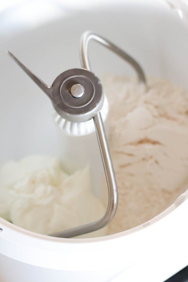 Yogurt and Flour in a stand mixer.