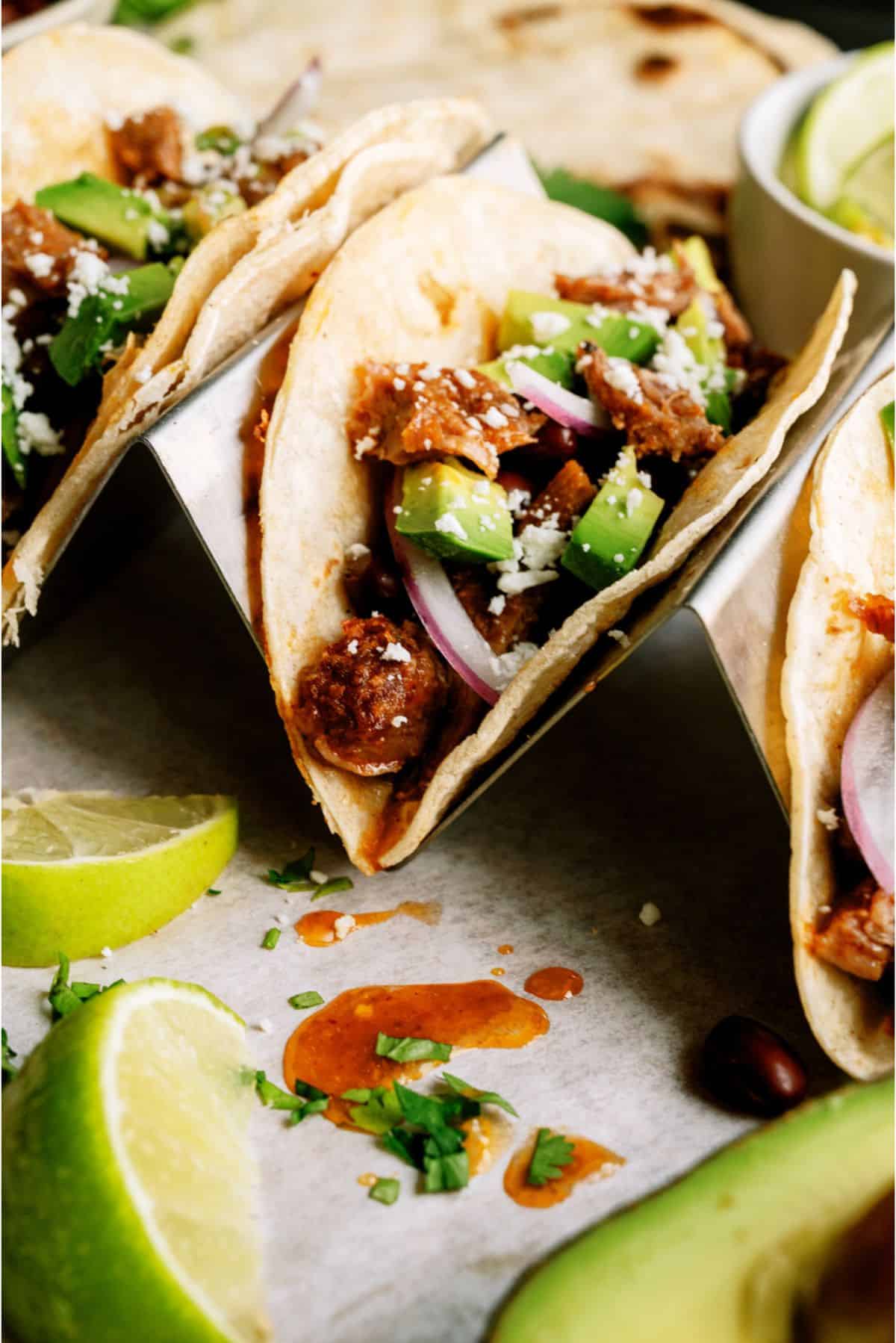 Close up of Instant Pot Honey Chipotle Pork Taco with toppings