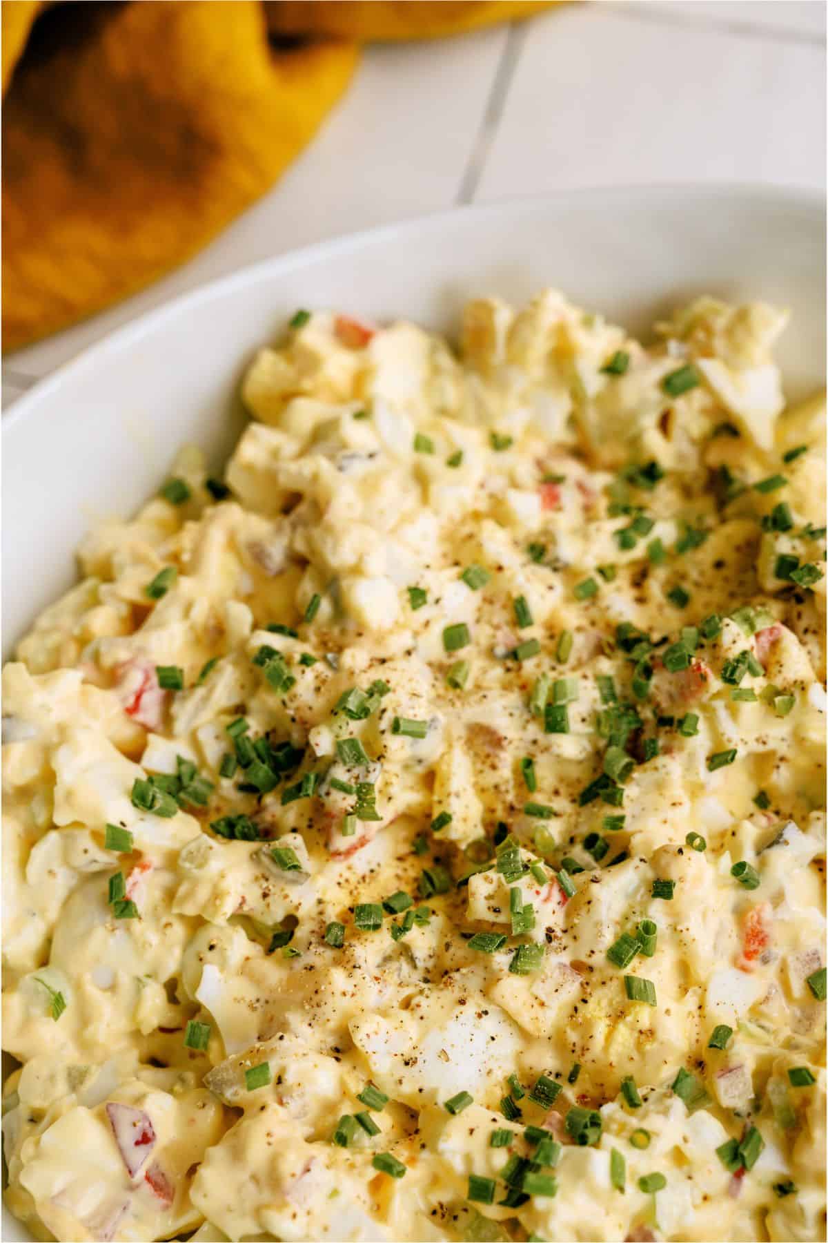 Close up view of Loaded Egg Salad in a serving bowl