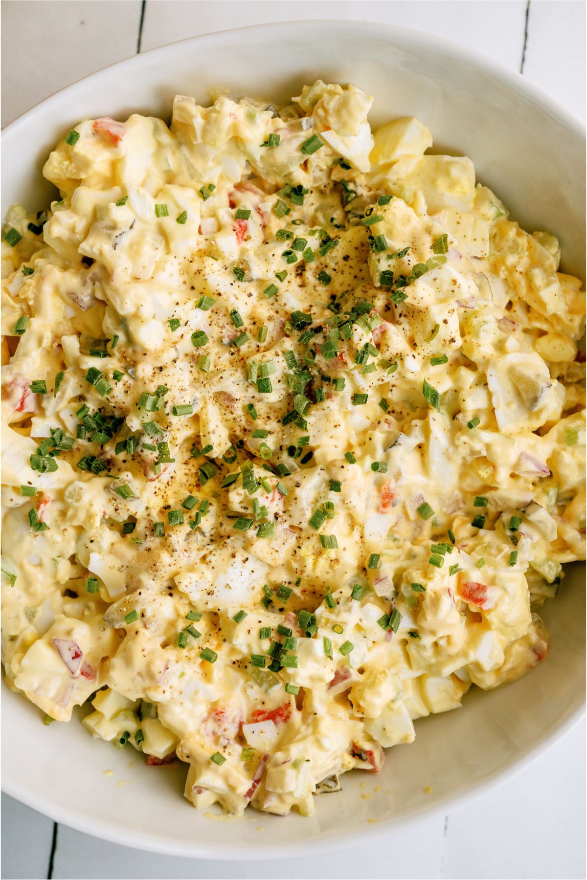 Close up view of Loaded Egg Salad in a serving bowl