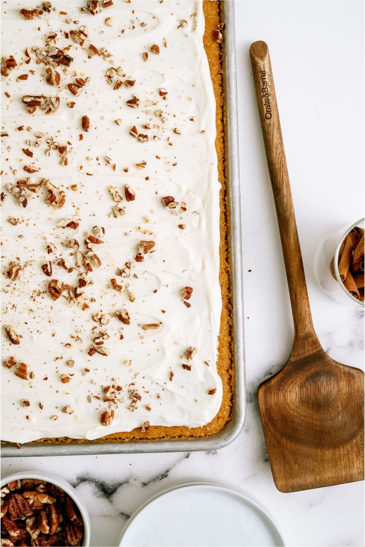 Top view of Sheet Pan Carrot Cake and Cream Cheese Frosting in a sheet pan.
