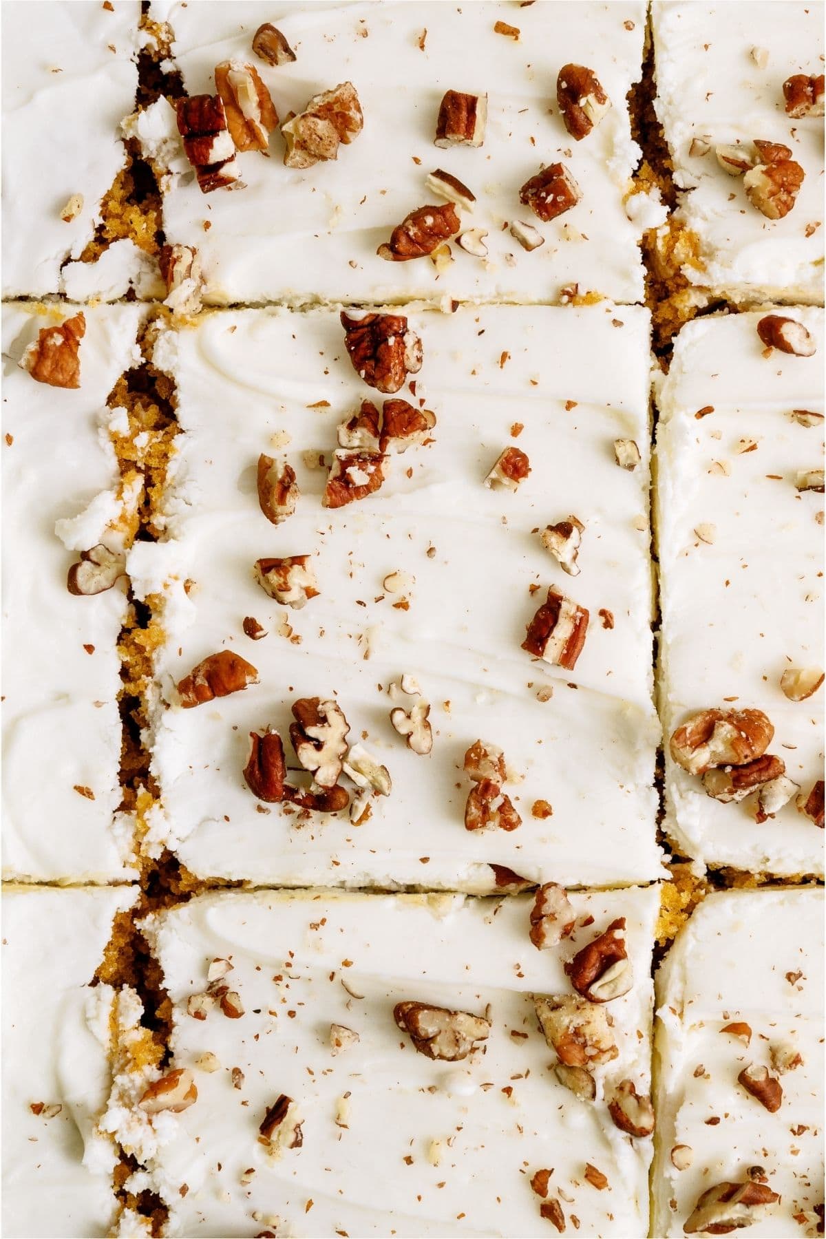 Close up of Sheet Pan Carrot Cake and Cream Cheese Frosting cut into squares.