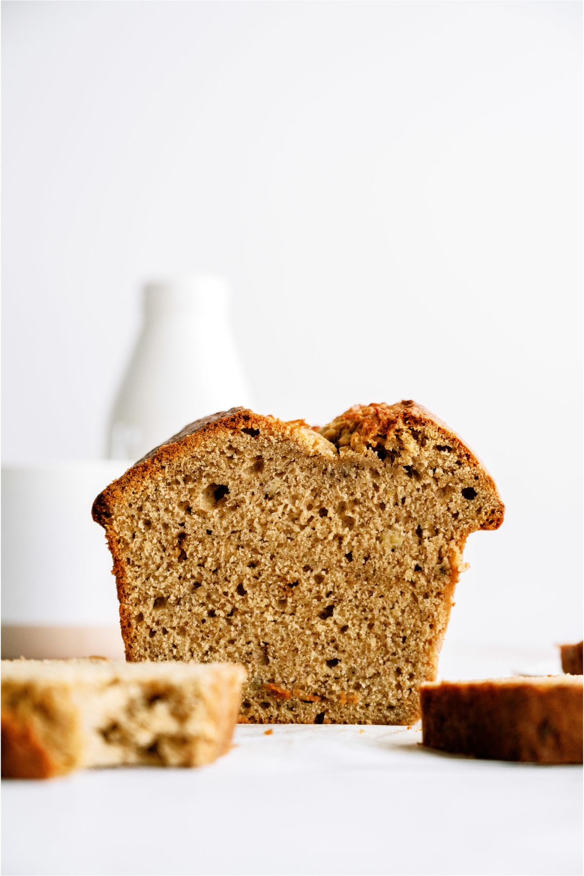 Front view of a loaf of Brown Butter Banana Bread sliced