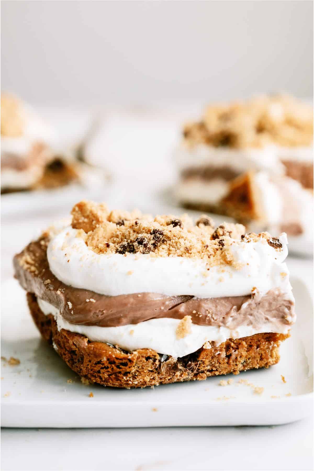 Slice of Layered Chocolate Chip Cookie Dessert on a plate