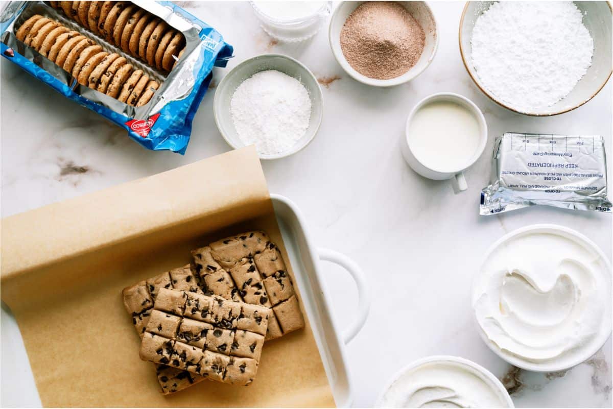 Ingredients needed to make Layered Chocolate Chip Cookie Dessert