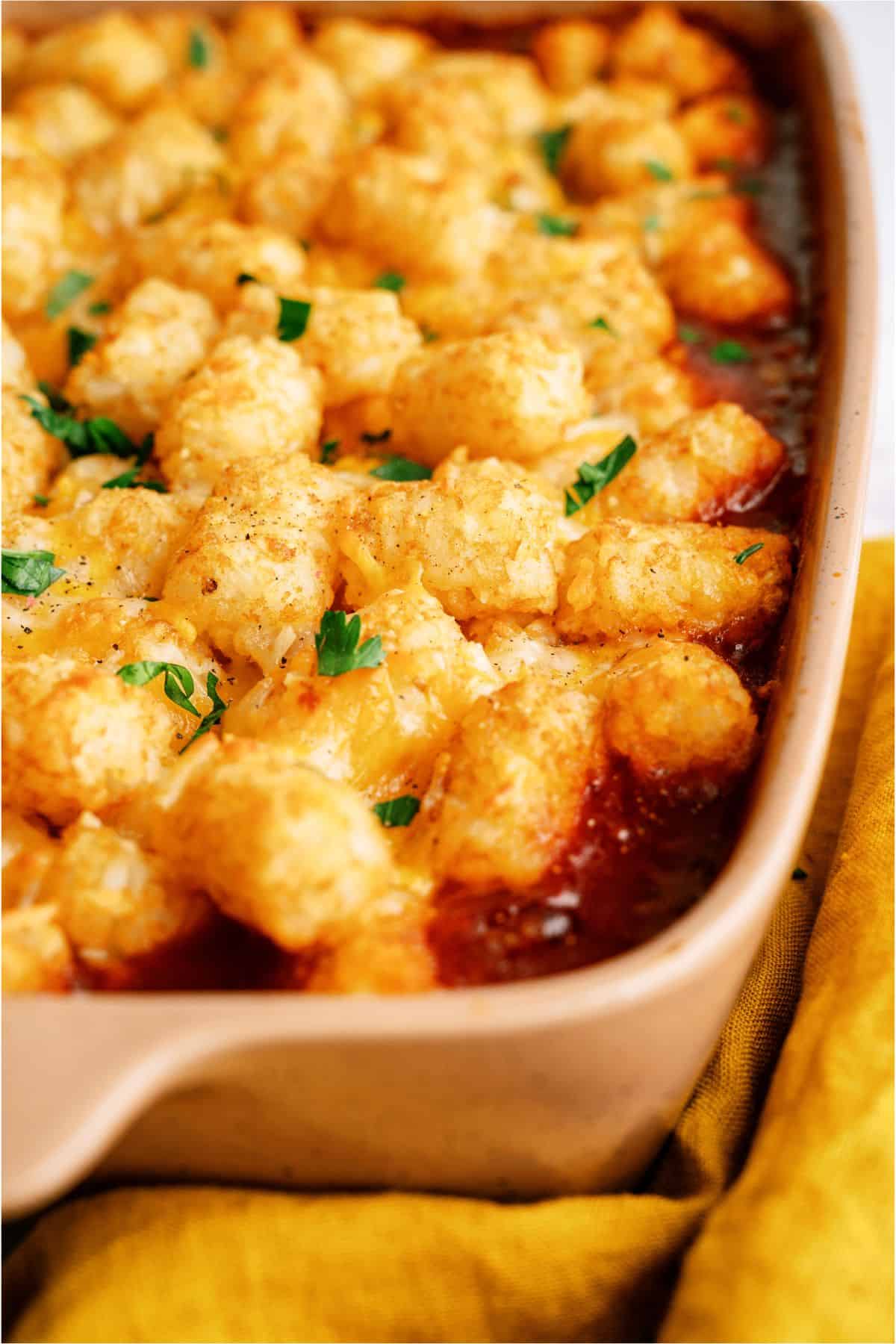 BBQ Tater Tot Casserole fresh from the oven