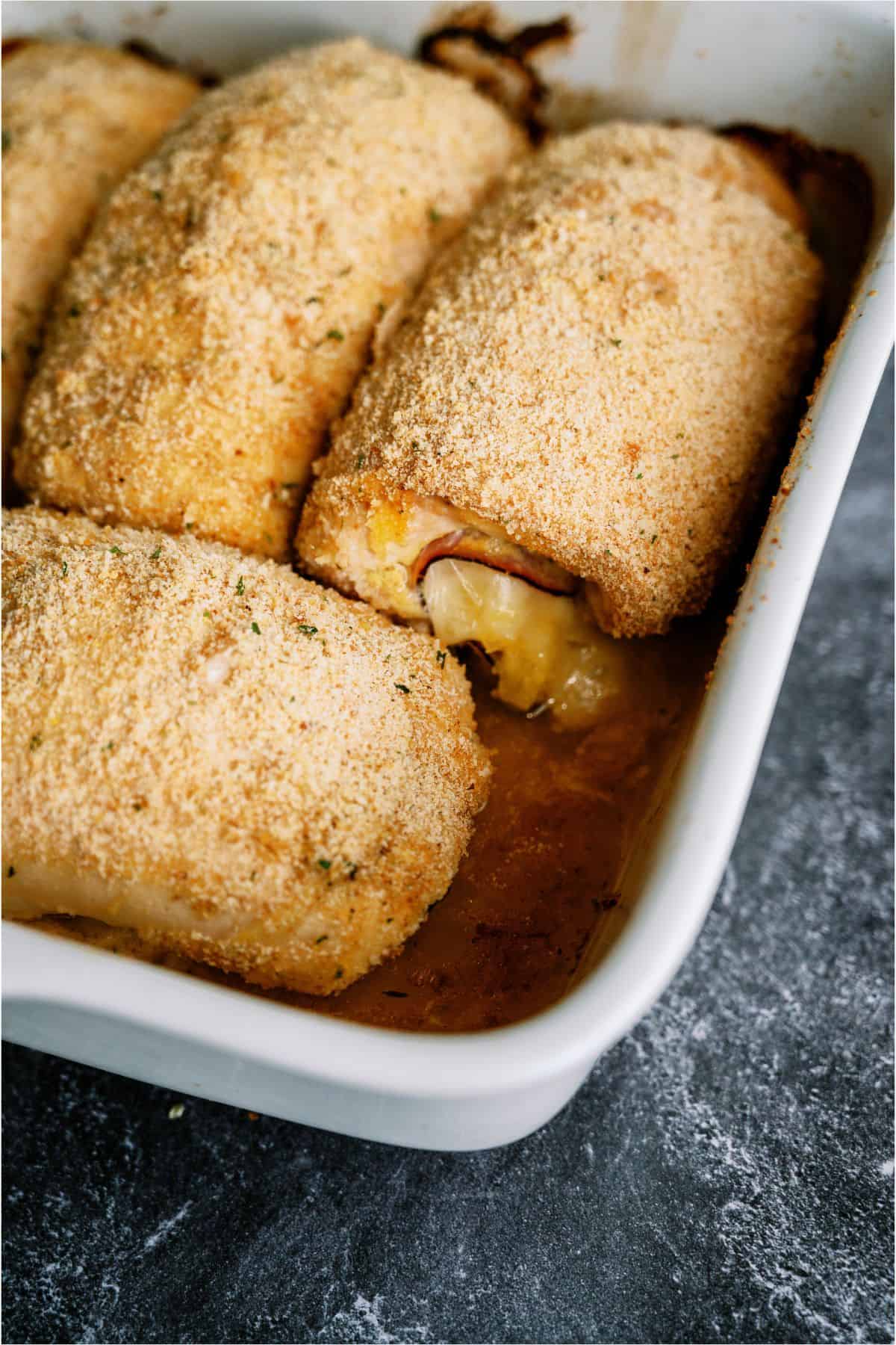 Baked Malibu Stuffed Chicken in a baking dish