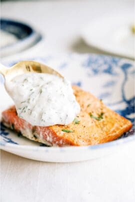 tarter sauce recipe on a piece of salmon