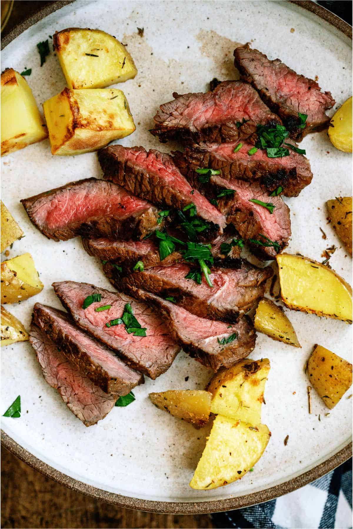 Sliced steak on a plate with potatoes
