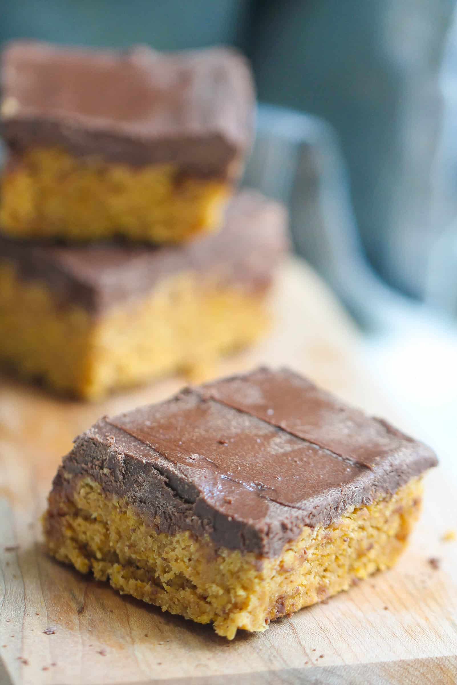 No Bake Peanut Butter Cornflake Bars cut into squares on a cutting board