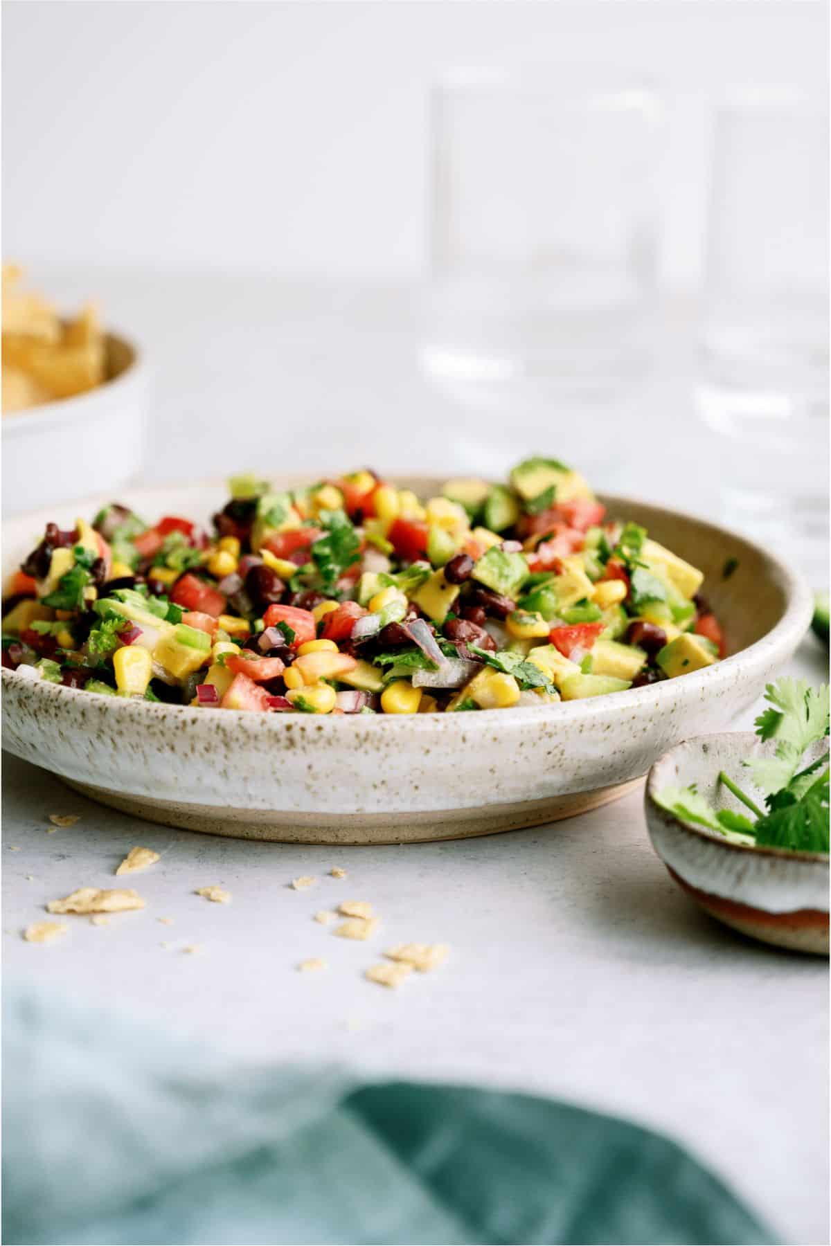 Side view of a bowl of Cowboy Caviar