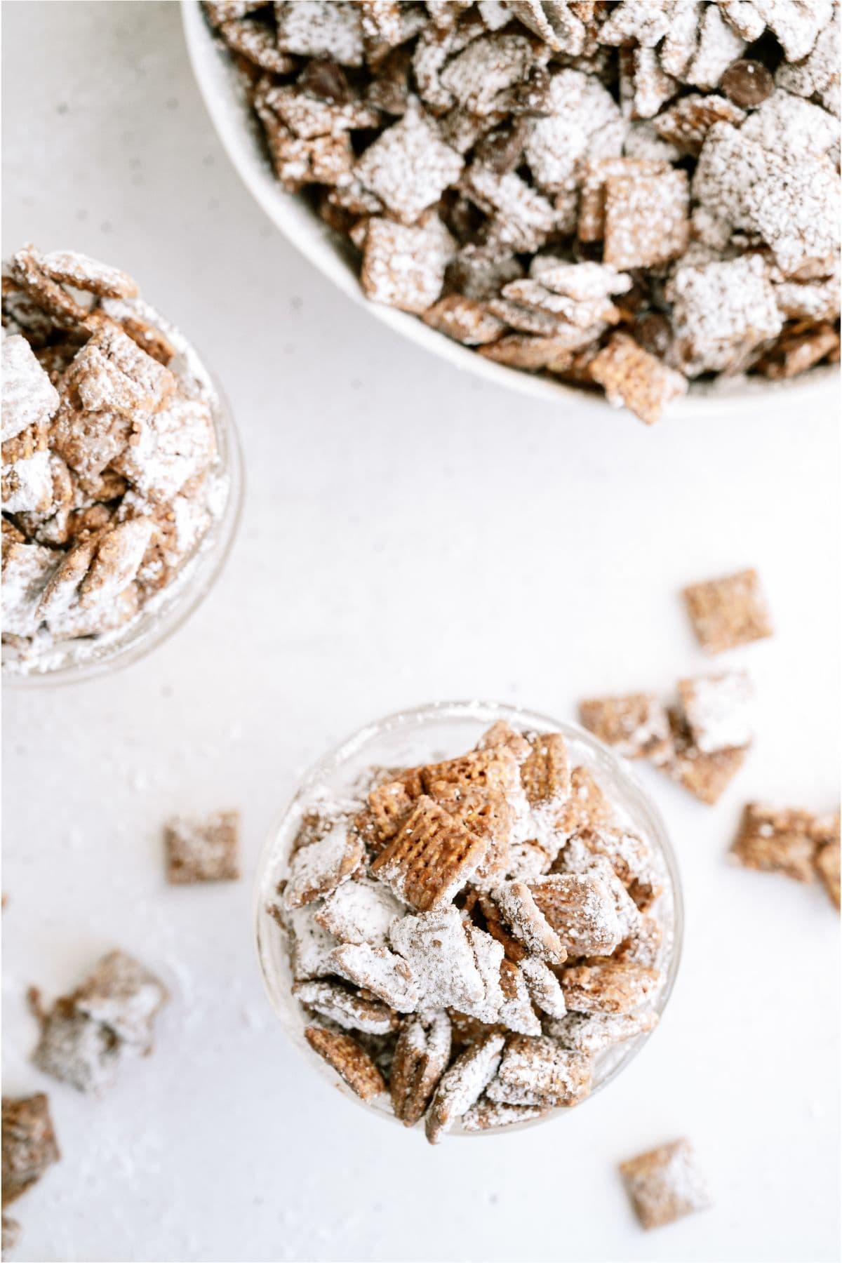 Top view of Muddy Buddies (Puppy Chow) in bowls