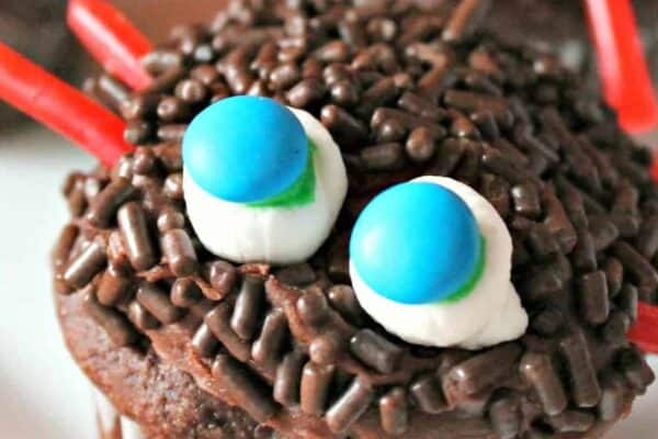 A chocolate cupcake decorated with chocolate sprinkles, two small marshmallows topped with blue and green candies resembling eyes, and red candy strips.