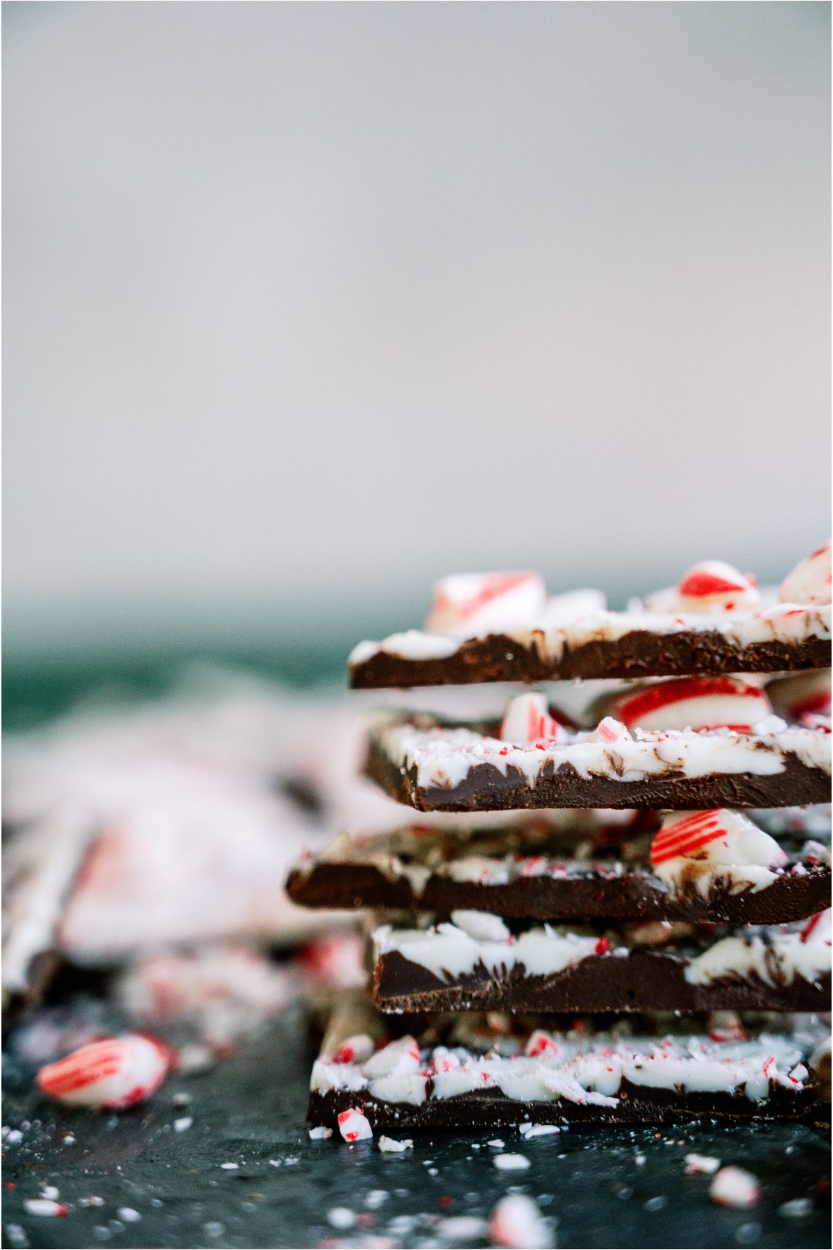 Side view of a pile of stacked Peppermint Bark.
